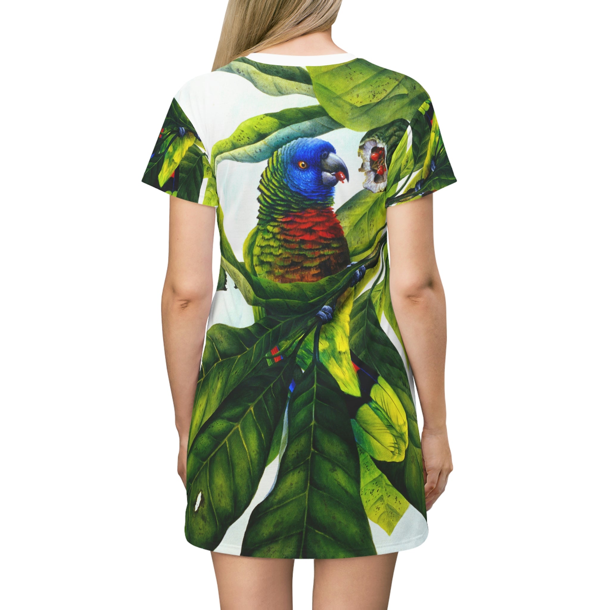 St Lucia Parrot, All Over Print T-Shirt Dress, Women's T-shirt dress, Beach dress, AOP dress, Wearable art, Original artwork