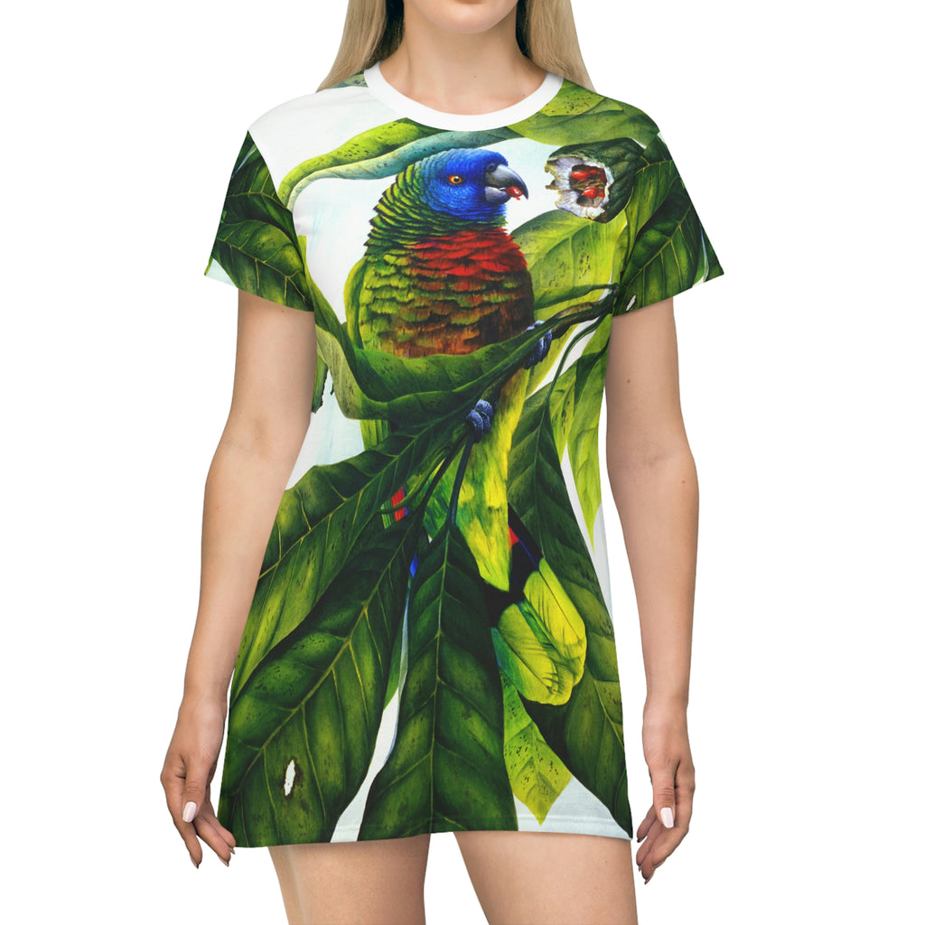 St Lucia Parrot, All Over Print T-Shirt Dress, Women's T-shirt dress, Beach dress, AOP dress, Wearable art, Original artwork