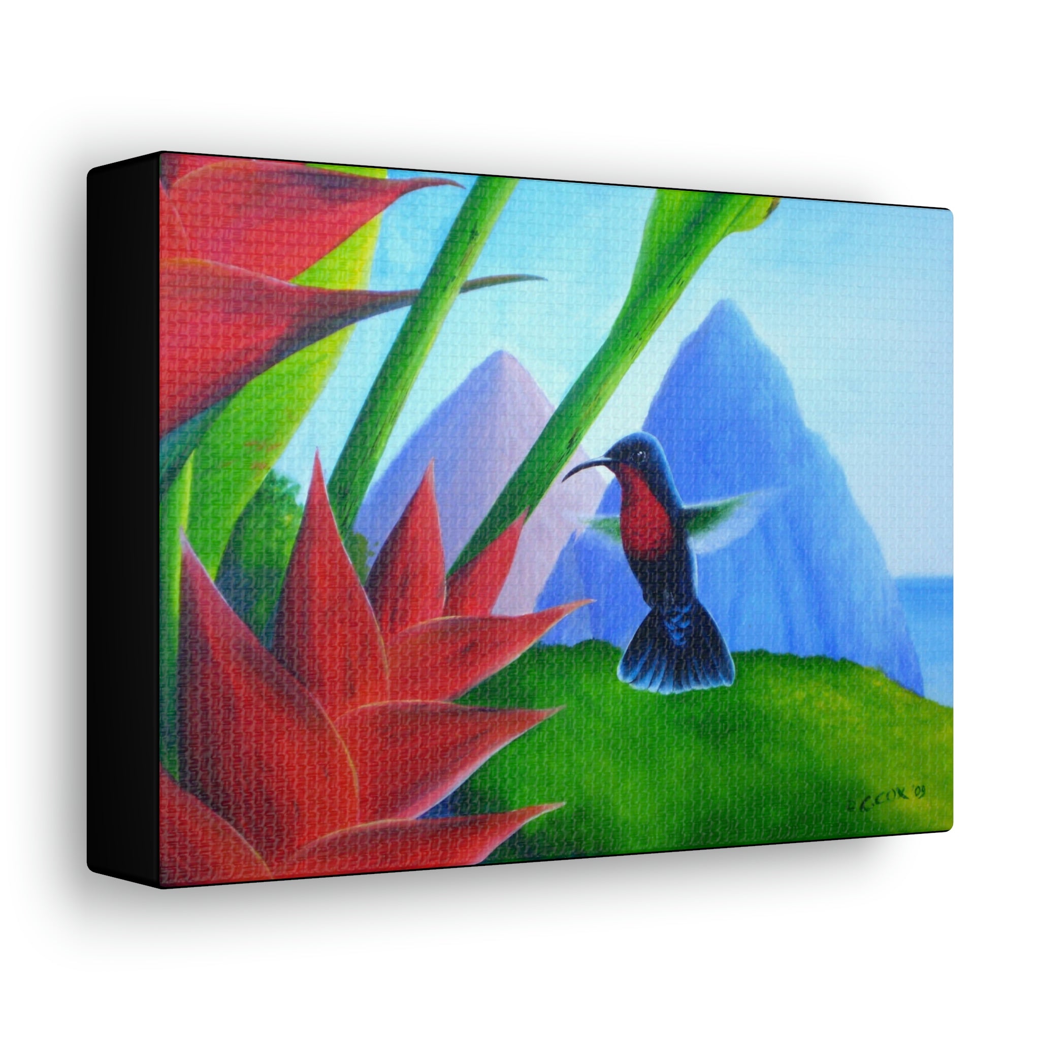 Canvas Wall Art, Purple-throated Carib & Heliconia, St Lucia Pitons, Hummingbird Art
