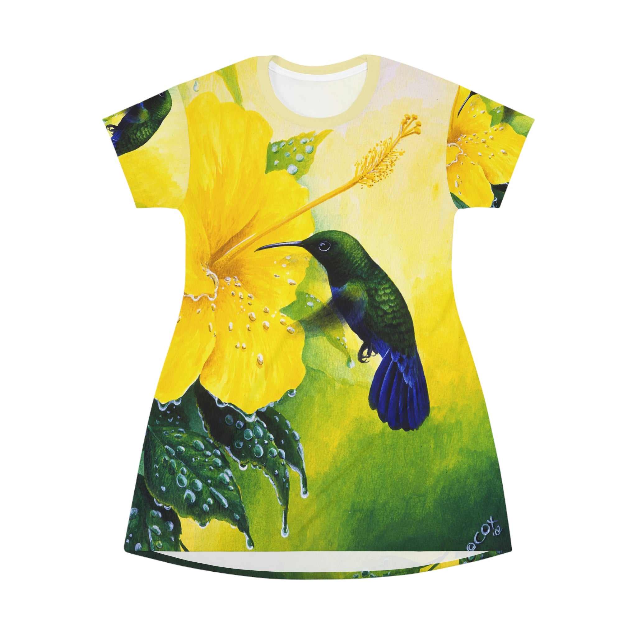 Hummingbird & Hibiscus, All Over Print T-Shirt Dress, Women's T-shirt dress, Beach dress, AOP dress, Wearable art, Original artwork