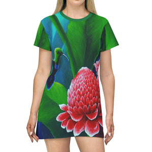 Hummingbird and Torch Lilies, AOP T-Shirt Dress, Women's T-shirt dress, Beach dress, Wearable art, Original artwork by Christopher Cox