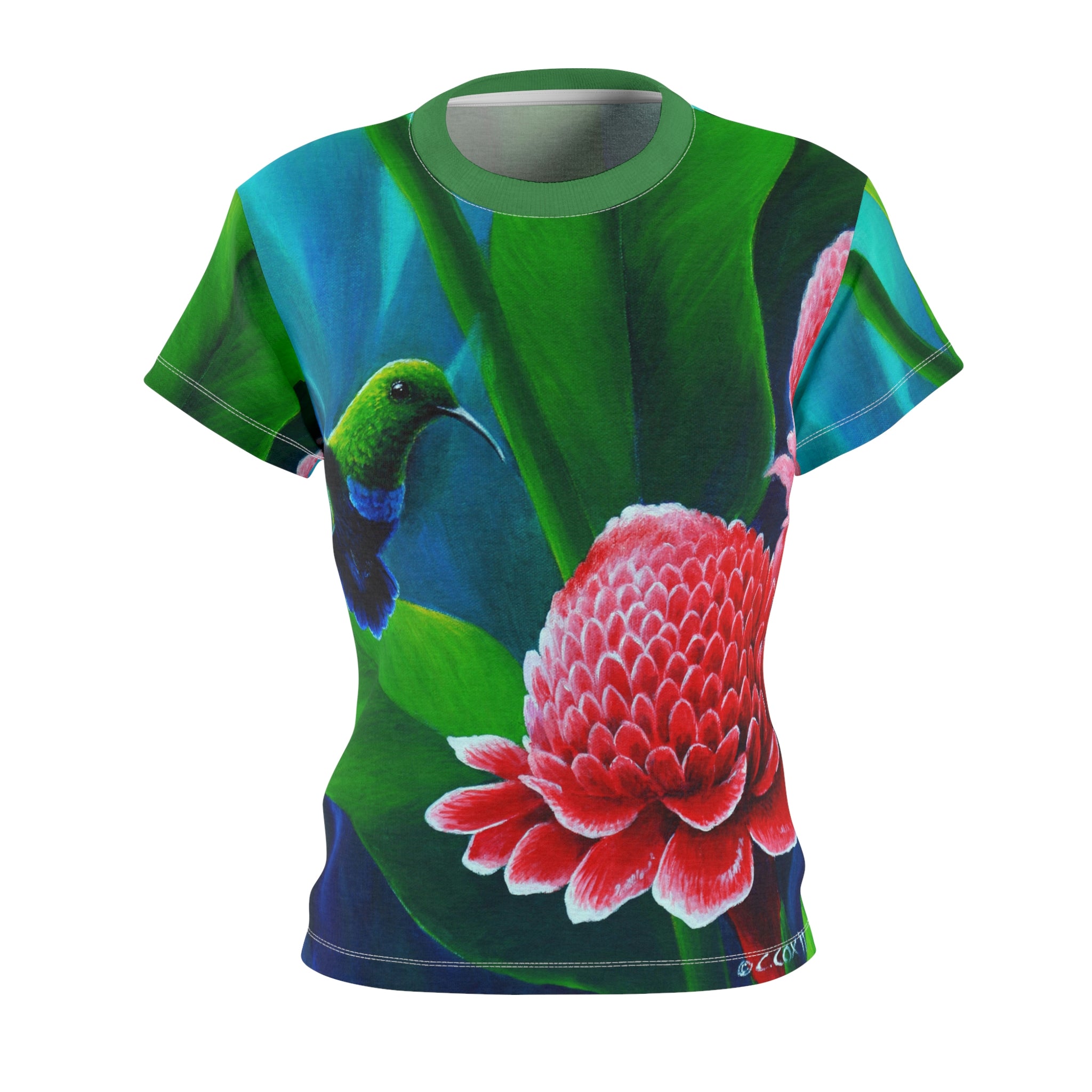 Green-throated Carib and Yellow hibiscus, Women's Cut & Sew Tee (AOP), Original artwork by Christopher Cox