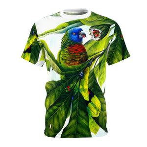 Saint Lucia Parrot All Over Print Unisex Tee, Parrot shirt, Tropical bird shirt, AOP shirt, Microfibre shirt, Original artwork