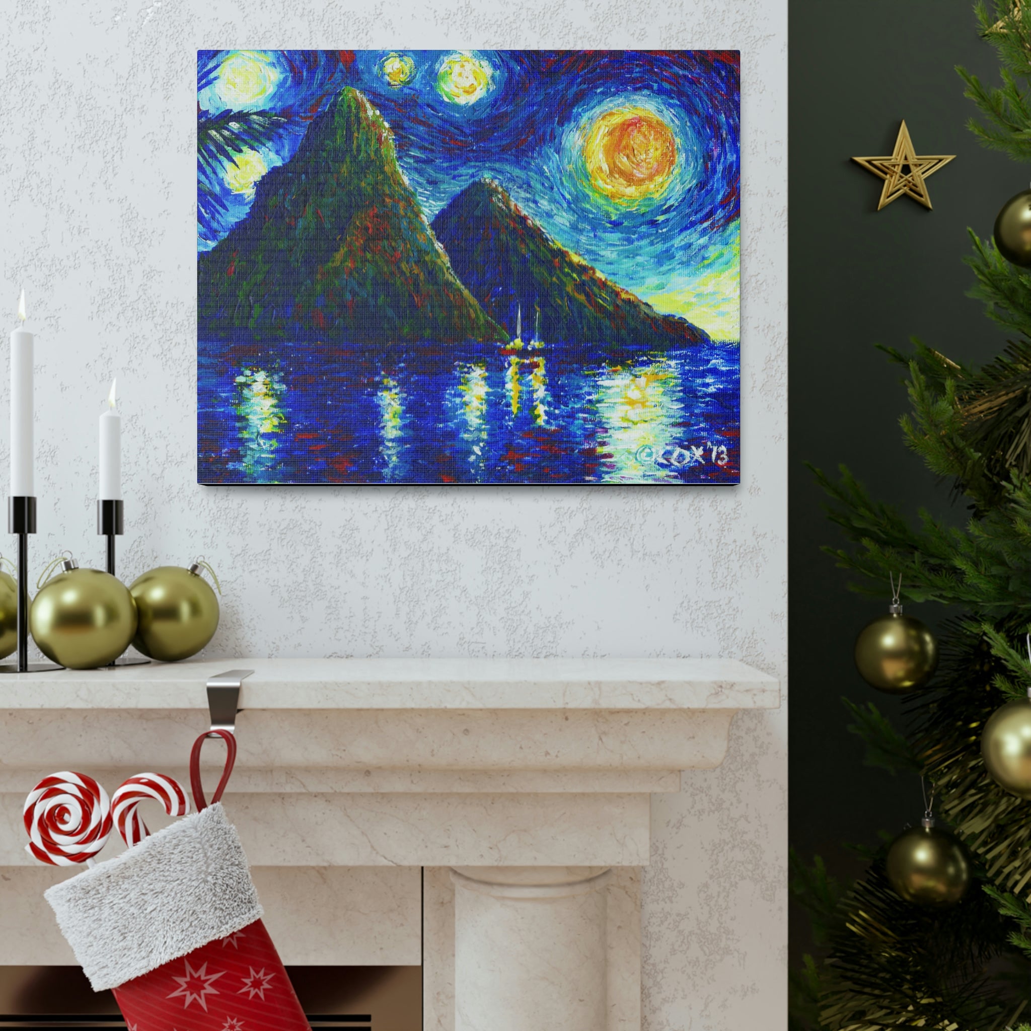 Canvas Wall Art, Ode to Van Goghs Starry Night, The Pitons, St Lucia, St Lucian Art, Original Artwork by Christopher Cox