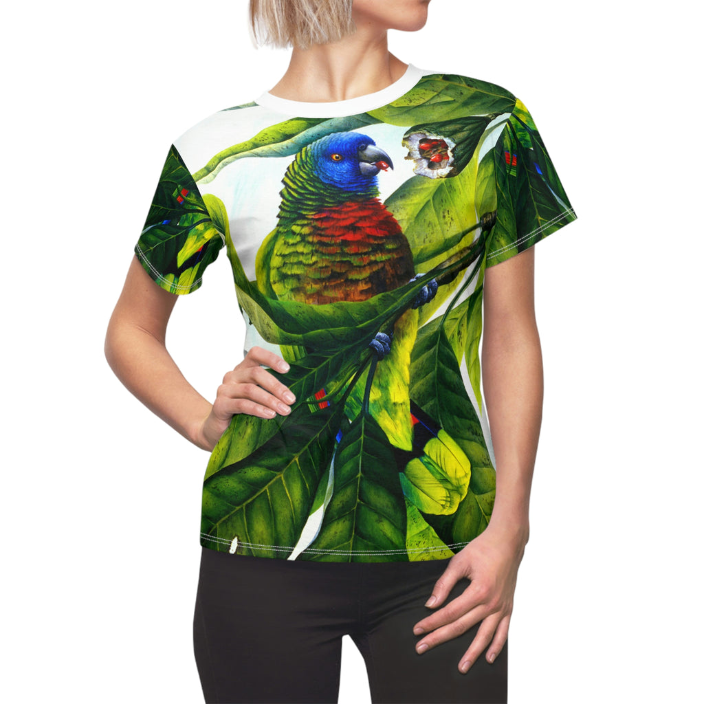 Saint Lucia Parrot All Over Print Womens Tee, Parrot shirt, Tropical bird shirt, AOP shirt, Microfibre shirt, Original artwork