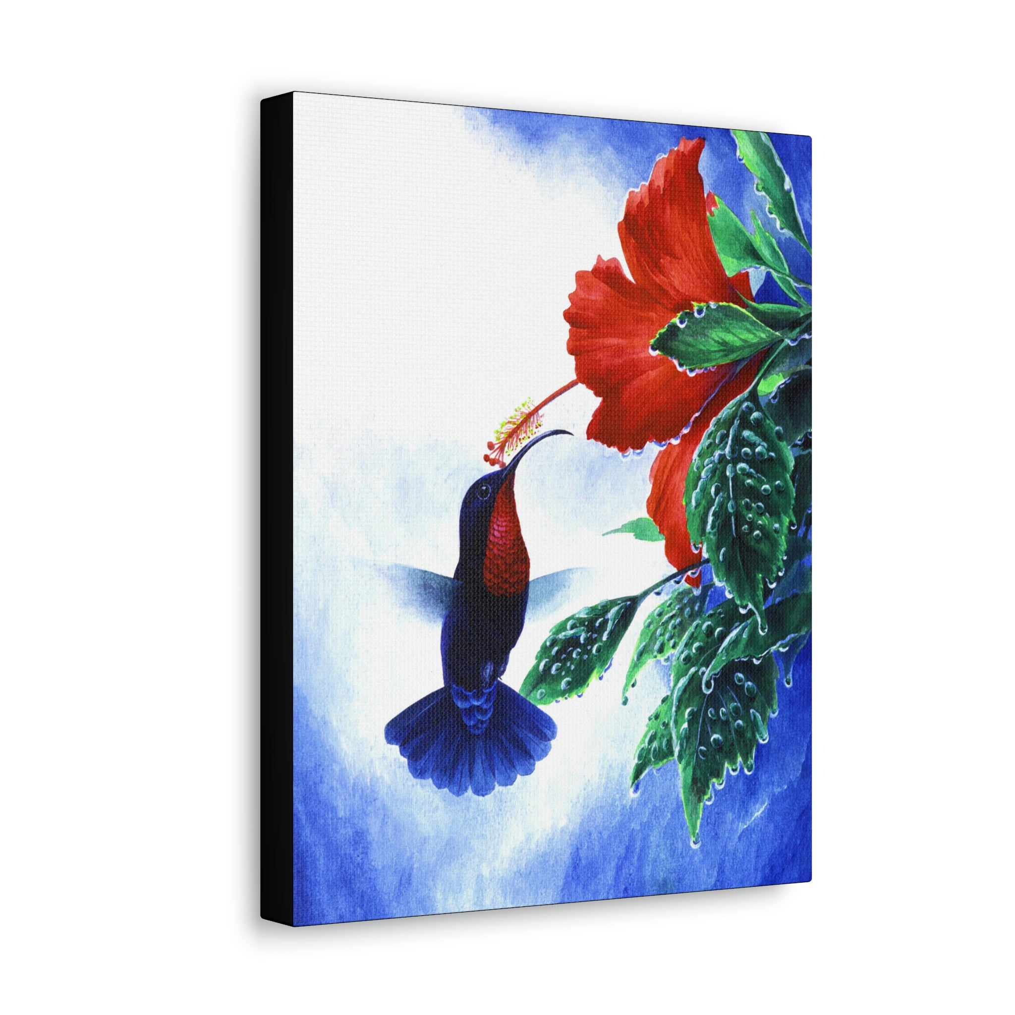Canvas Wall Art, Purple-throated Carib & Red Hibiscus, Hummingbird Art, Tropical Bird Art