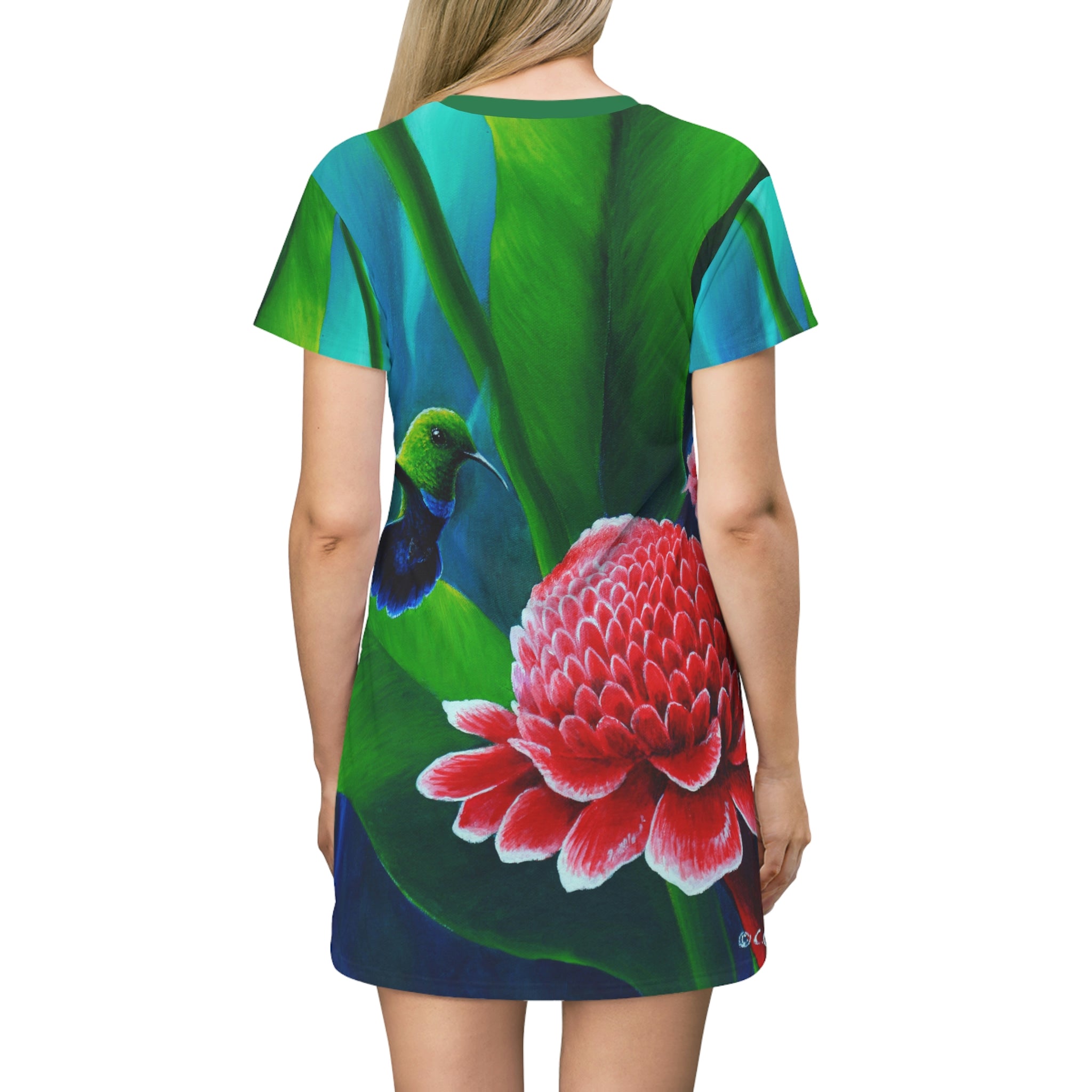 Hummingbird and Torch Lilies, AOP T-Shirt Dress, Women's T-shirt dress, Beach dress, Wearable art, Original artwork by Christopher Cox