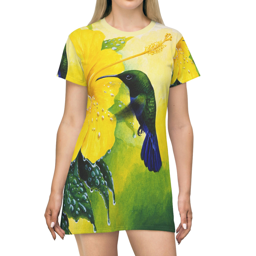 Hummingbird & Hibiscus, All Over Print T-Shirt Dress, Women's T-shirt dress, Beach dress, AOP dress, Wearable art, Original artwork